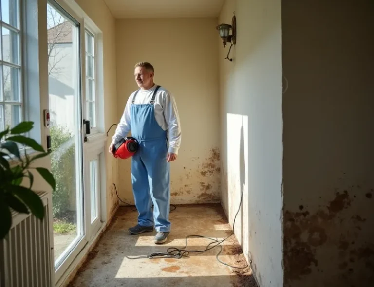 A residential living room with water damage and mildew on walls and furniture, and visible signs of microbial growth.