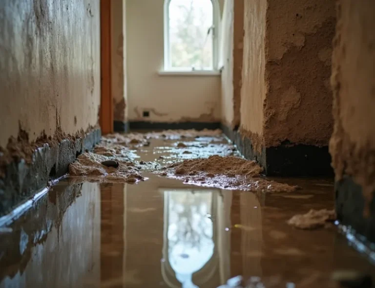 Water-damaged basement with soaked carpet, warped wood, and mineral deposits on walls and floor.