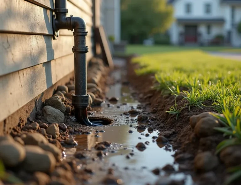 A residential scene showing a broken pipe with water damage and affected flooring and walls.