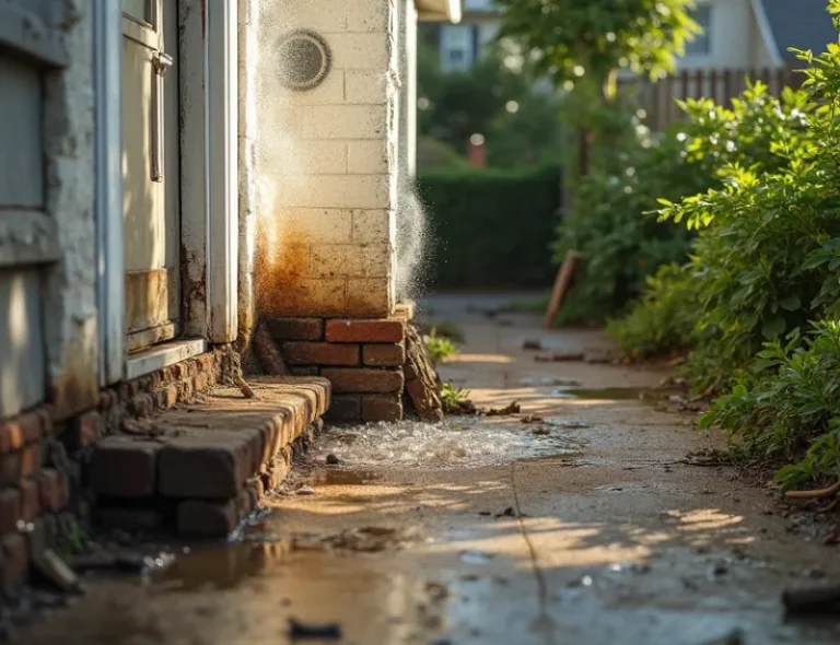Water damage from a burst pipe in a residential bathroom, with water covering the floor and seeping into the walls and