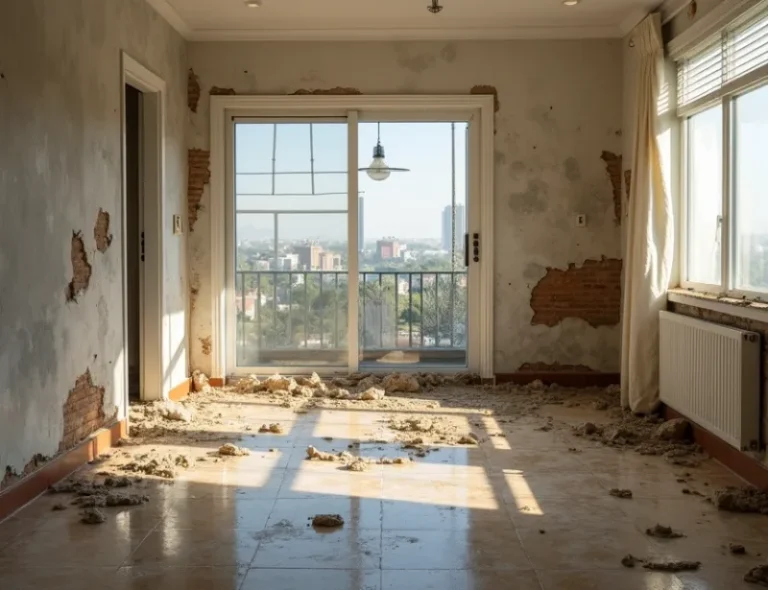 Water damage in a residential condo with soaked carpet, warped wood floors, and flooded furniture.