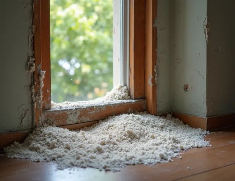 A residential interior with water damage on walls and flooring, and a desiccant dehumidifier in the center of the room.