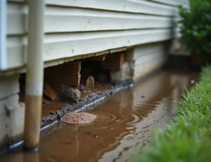 Water damage from downspout failure in a residential yard, with flooded grass and splintered wooden decking.