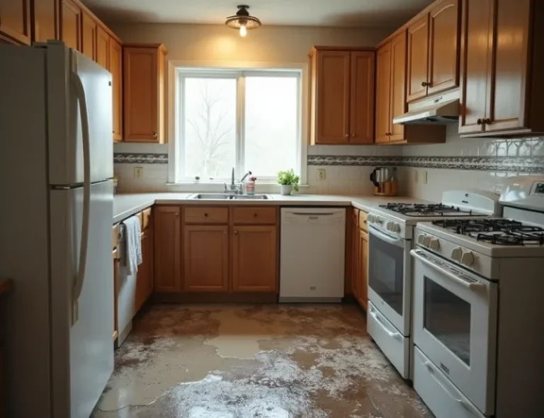 Water-damaged kitchen with wet flooring, cabinets, and countertops after a leak or flood.