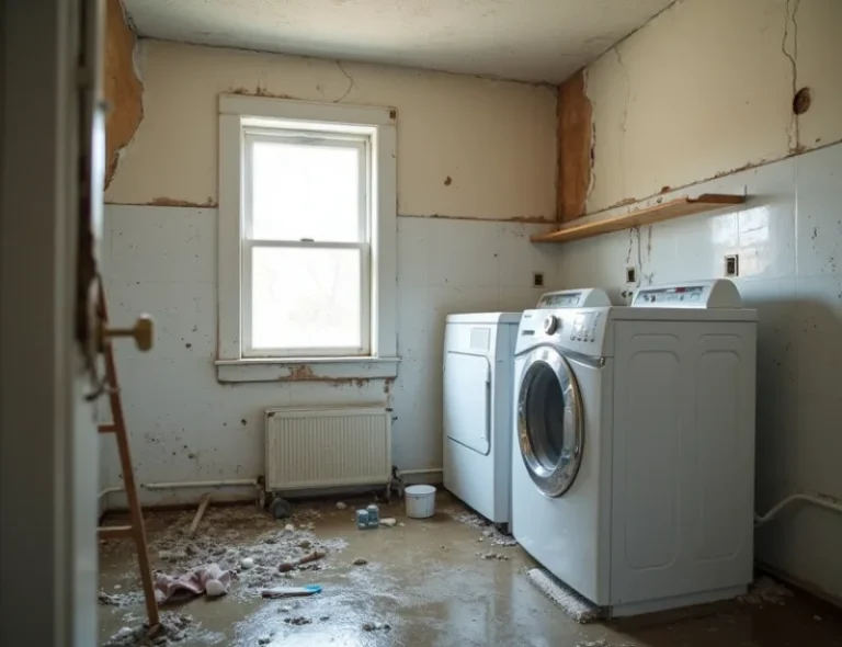 A water-damaged laundry room with soaked carpet, ruined appliances, and splintered wood, amidst a backdrop of a typical