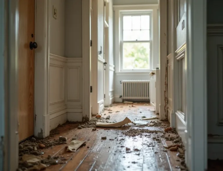 A water-damaged living room with soaked drywall, warped hardwood flooring, and furniture, amidst a dimly lit, partially
