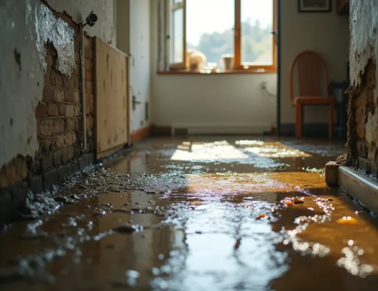 A water-damaged living room with soaked carpet, warped hardwood flooring, and water-stained walls.