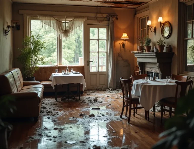 Water damage in a residential restaurant with flooded kitchen, damaged flooring, and soaked drywall.