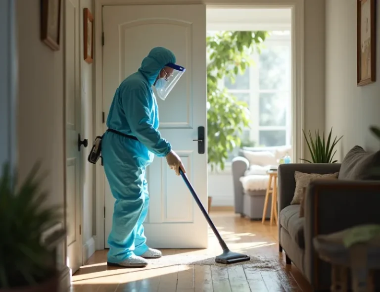A residential living room with water damage, mold, and debris on the carpet, walls, and furniture after a disaster