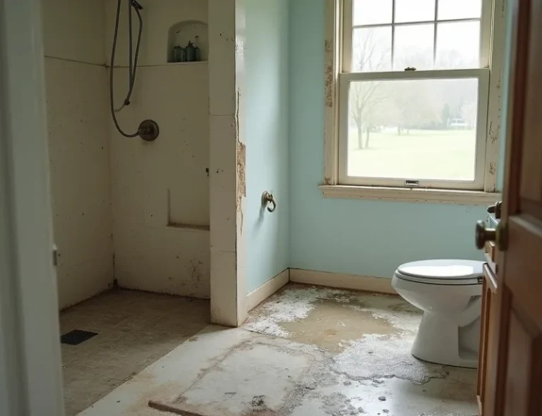 Water damage from a shower leak spreads across a bathroom floor, affecting the surrounding tile and wood.