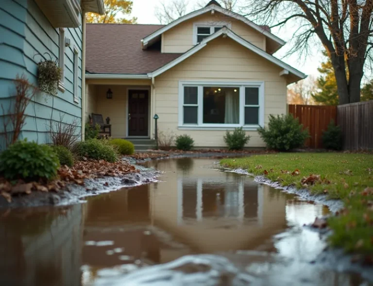Water damage to a living room floor and surrounding area after a flood, with water pooling on the carpet and seeping into