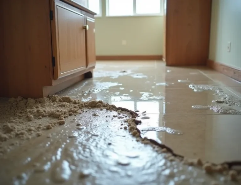 Water-damaged subfloor with warped wood and soggy carpet in a residential living room.
