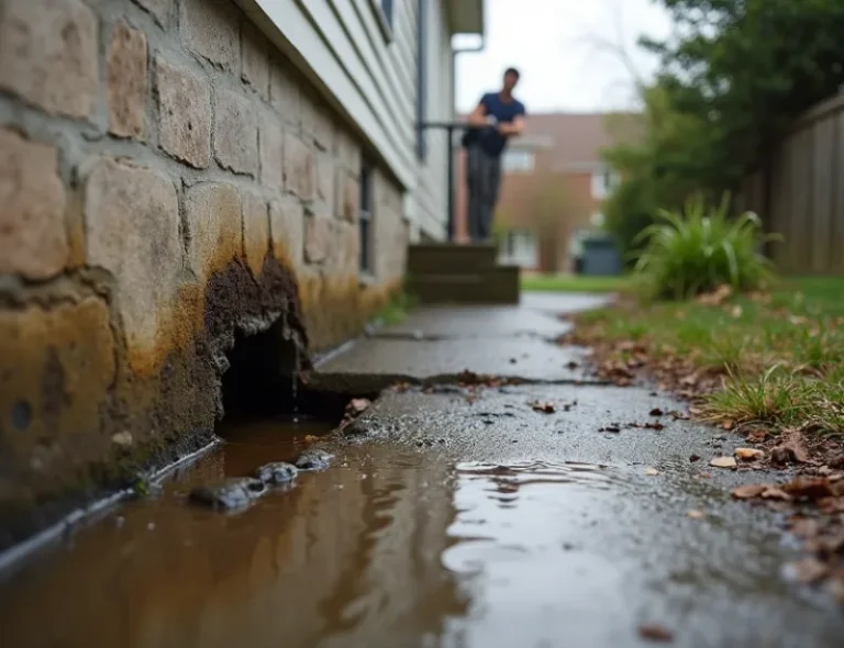 Water damage from a supply line break in a residential area with soaked flooring and walls.