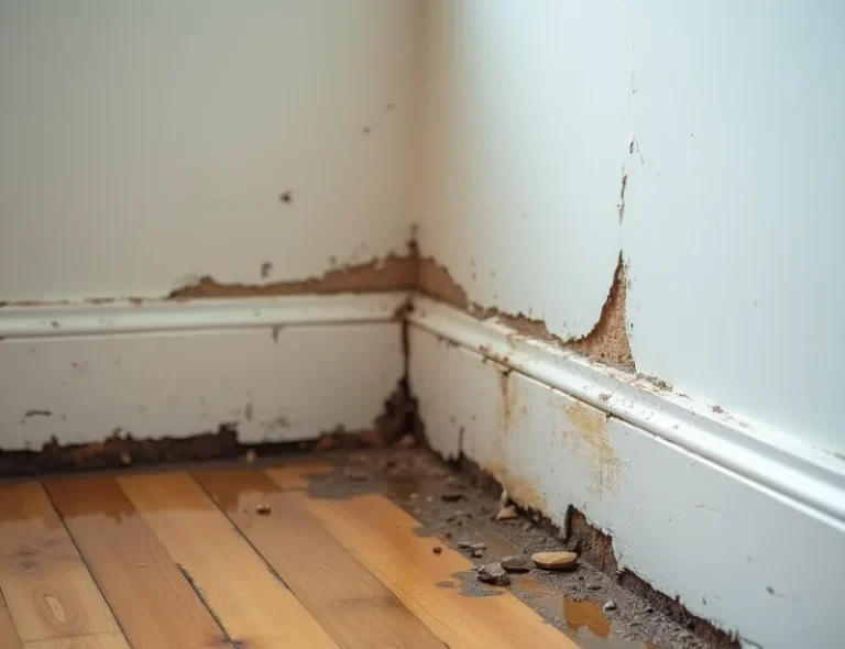 Water-damaged baseboards and trim in a residential hallway, with visible signs of warping and discoloration.