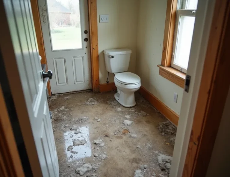 Water damage inspection in a residential setting, showing flooded carpet, warped drywall, and structural damage in a living