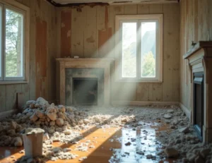 Water damage reconstruction in a residential setting, showing affected flooring, walls, and surrounding areas.