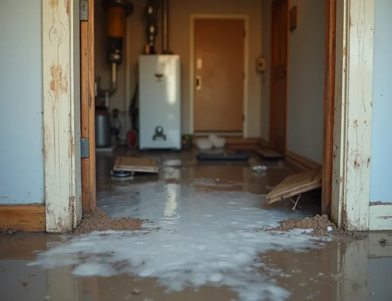 A residential living room with water damage from a burst water heater, with water pooling on the floor, warping wood