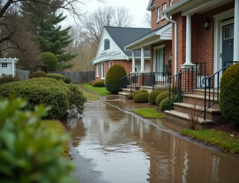 A residential living room with water damage, soaked carpet, and furniture, amidst a surrounding area of partially flooded