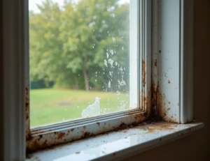 A residential window with water damage and surrounding flooring and walls affected by a leak.
